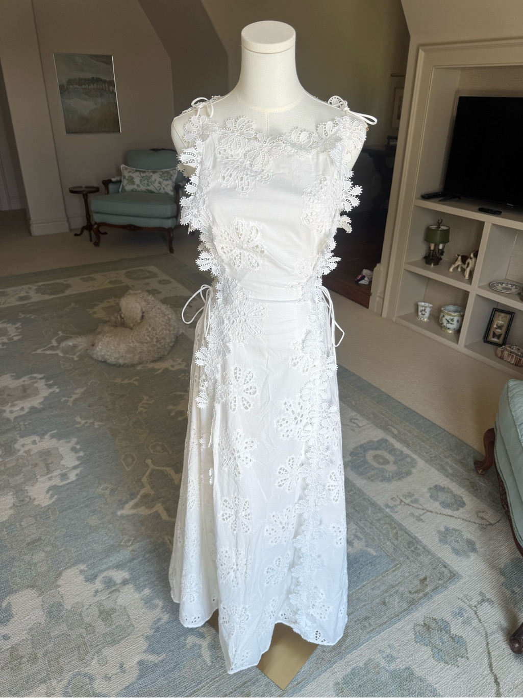 White Eyelet Maxi Dress With Floral Lace Appliqu